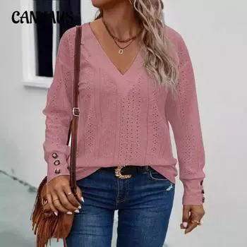 Plus Size Women s Autumn Simple Commuter V Neck Loose Slimming Age Reduction Long Sleeve Top 1XL