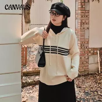 Plus Size Women s Casual Hooded Sweatshirt Striped Tops Autumn and Winter Loose Knitwear XL чёрный