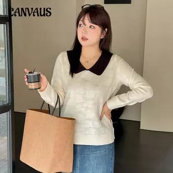 Plus Size Women s Clashing Doll Neck Tops Autumn Casual Loose Jacquard Knit Sweater XL чёрный