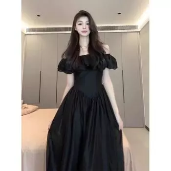 Plus Size Women s Clothing Plus Size Ladies Summer Slimming Dress French Retro Hepburn Style Ruffles off-Shoulder Vacation Dress Black 2XL