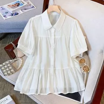 Plus Size Women s Clothing Plus Size Ladies Summer New Arrival 2024 Fashion Short Sleeve Loose Puff Sleeve Shirt Belly Covering Slim Looking Tops Beige 2XL