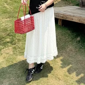 Plus Size Women s Clothing White Lace Skirt Summer Belly Covering High Waist Polka-Dot Lace Skirt