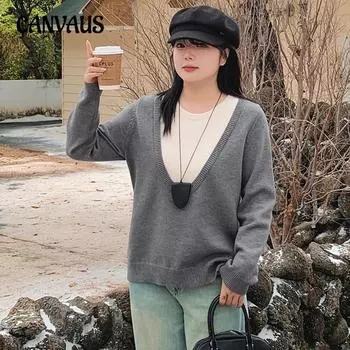 Женский свитер больших размеров с контрастными цветами Fake Two Loose and Lazy XL чёрный