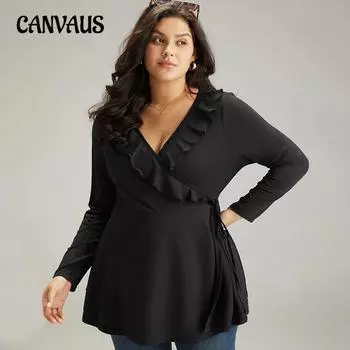 Plus Size Women s Elegant Autumn Temperament New Flounces V Neck Waist Slimming Blouse 1XL чёрный