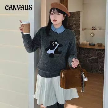 Plus Size Women s Embroidered Cute Cat Age Slimming Knit Sweater Top XL серый