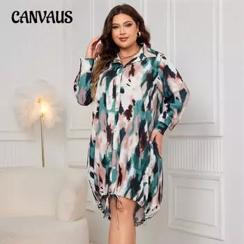 Плюс Размер Женская мода Новое свободное платье с длинными рукавами и воротником-поло XL зелёный