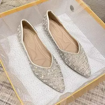 Plus Size Women s Flat Shoes 2024 New Rhinestone Pointed Toe Party Bride Wedding Shoes Fashion Loafers Female Slip on Boat Shoes 34 абрикосовый