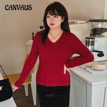 Plus Size Women s Lace Lace V Neck with A Knit Sweater Top Underneath XL чёрный