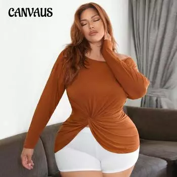 Plus Size Women s Slit Kinks Slimming Slim Sports Long Sleeved Off Shoulder Clothes 1XL янтарь
