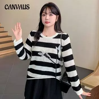 Плюс Размер Женский Стереоскопический Цветочный Длинный Рукав Топ Осенний Полосатый Трикотаж XL чёрный