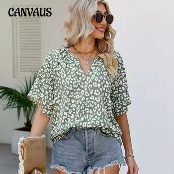 Плюс Размер Женский Летний Новый Леопардовый Принт Короткий Рукав V-образный Вырез Свободный Повседневный Расклешенный Рукав Топ S армия зеленый
