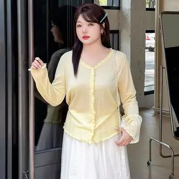 Plus Size Women s Summer Slim Knit V Neck Auricular Trimmed Tops Go with Loose Cardigan Tops XL чёрный