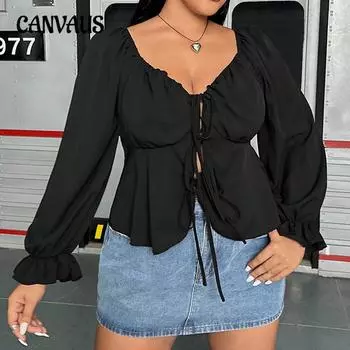 Plus Size Women s V Neck Shirt Advanced Slim Sexy Solid Color Bubble Sleeve Cardigan Top 1XL чёрный