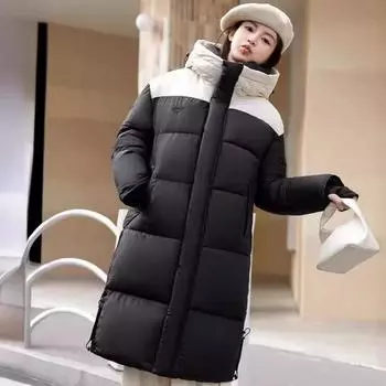 Plus size women s winter clothes, new over-the-knee thickened warmth, new long loose and thin, color-blocked cotton jacket women M белый