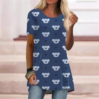 Plus Size Women Summer Blue Bear Printed Comfy Short Sleeve Round Collar T-shirt Casual Baggy Mid Length Tee Tops XS розовый