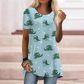 Плюс размер женская летняя синяя футболка с принтом динозавра с коротким рукавом и круглым воротником, повседневные мешковатые футболки средней длины XS розовый