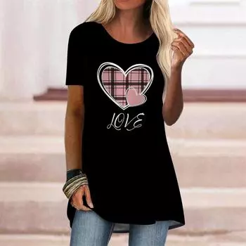 Плюс размер женская летняя розовая сердечная футболка с коротким рукавом и круглым воротником, повседневные мешковатые футболки средней длины XS розовый