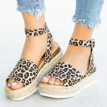 Plus Size Women Wedges Sandals Peep Toe Women High Heels Sandals Leopard Summer Platform Female Sandals 5 бежевый