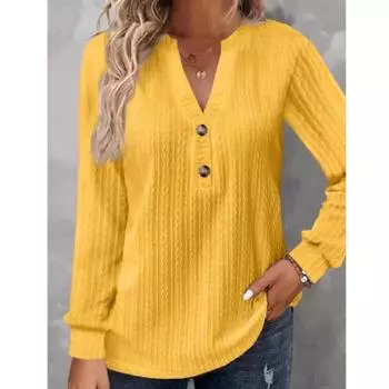 Plus Size Womens Soft Cable Knit Top with Trendy Button Detail - V Neck, Long Sleeve, Slight Stretch for Casual Comfort S розовый