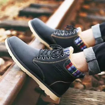 Плюс утолщение осень зима отдых на открытом воздухе мужские ботинки теплые инструменты хлопковые ботинки английские ботинки мужская обувь зимние ботинки 39 чёрный