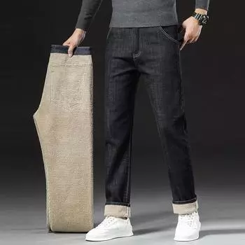 Плюс бархатные толстые джинсы мужские свободные прямые брюки из хлопка среднего возраста эластичные для сохранения тепла осенью и зимой 28 темно-синий