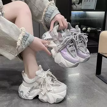 Плюс Женские Кроссовки Обувь Модная Женская Обувь Теннисная Женская Платформа Дизайнер Розы Новые Каблуки Кроссовки Толстая Подошва Средний ПУ Хлопок 35 белый