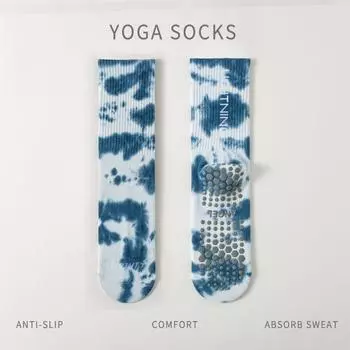 Plusfish Tie-Dye Yoga Socks 2024 Knee Socks Female Sweat-Absorbent Non Slip Indoor Yoga Fall and Winter Pilates Room Socks Tibetan Blue Dream