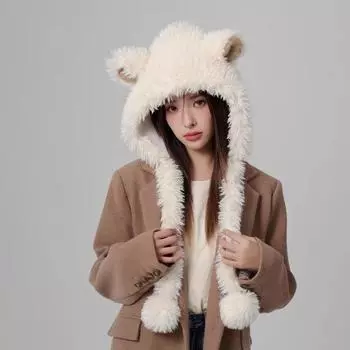 Мягкая и милая шапка с ушками овцы, женская осенне-зимняя толстая теплая шапка с капюшоном, студенческая защита ушей, шапка Lei Feng 56-58CM белый