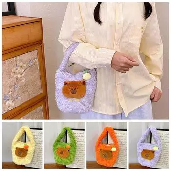 Plush Capybara Bucket Bag Embroidered Cartoon Storage Bag Furry Handbag a Festive Gift фиолетовый
