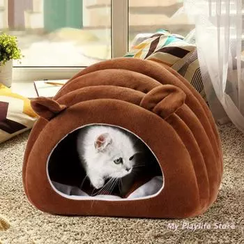 Plush Cat Bed Cusion Warm Sleeping Bag for Dogs Kitten Caterpillar Shaped Closed Pet-Nest Kitty Burrow House Soft Tent коричневый