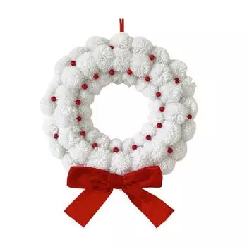 Plush Christmas Wreath White Fuzzy Pom Pom Ball Wreath with Red Bow And Berries for Home Window Fireplace Wall Door Holiday Decor