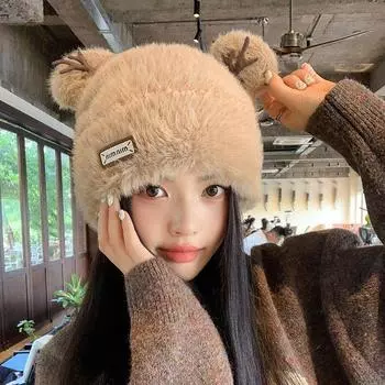Plush Cute Deer Horn Women s Hat 2025 New Arrival Fashionable Stylish Small Face Sleeve Cap Winter Heattech Khakis All yards