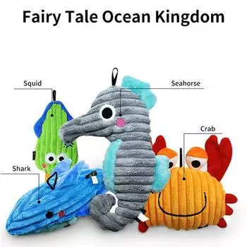 Plush Dog Toy Tropical Sea Series Squid Seahorse Shark Crab Soft Squeaky Toys Small Large Dogs Puppy Pets Training Accessories