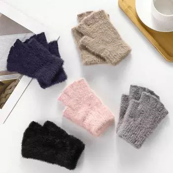 Plush Fingerless Gloves Winter Thickened Soft Warm Touch Screen Half Finger Gloves for Men Women Outdoor Student Write Gloves белый