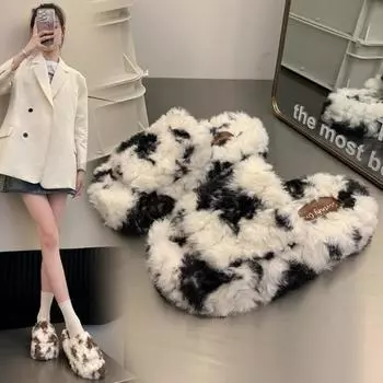 Plush Flip-flops Female New Autumn and Winter Cow Color Thick Soles Outside To Wear Cotton Drag Plus Cashmere Warm Fluffy Slippers 35 темно-коричневого