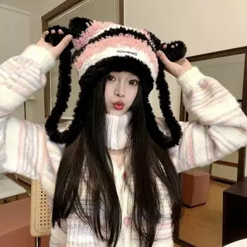 Plush Fluffy Cat Ear Knitted Hat Women Winter Thicken Keep Warm Cute Hair Ball Stripe Ear Protection Beanies Hats Pullover Cap