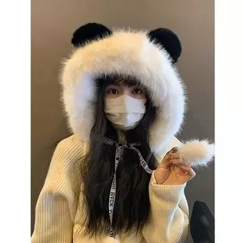 Plush hat female 2024 new autumn and winter cute bear ears Lei Feng hat contrasting color ear protectors cycling to keep warm M52-58cm