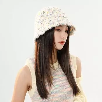 Plush hat female winter face small knitted bucket hat warm ear protection imitation rabbit wool hat cold furry hat tide синий