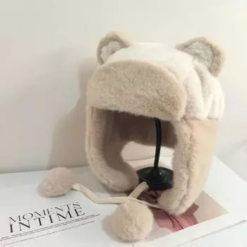 Plush hat female winter thickened cute black and white panda hat plush outdoor ear protection warm ski hat M56-58cm чёрный