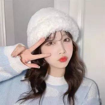 Plush hat women s 2025 new knitted wool hat autumn and winter big head circumference shows small face thickened warm ear protection cold hat M56-58cm чёрный