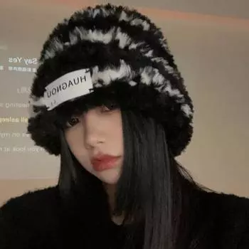 Plush hat women s autumn and winter warm thickened plush striped ear protection knitted hat cloth label pullover wool hat