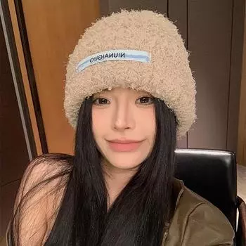 Plush knitted cold hat women s autumn and winter big head circumference shows a small face wool hat thickened warm soft waxy hat 55-60cm хаки