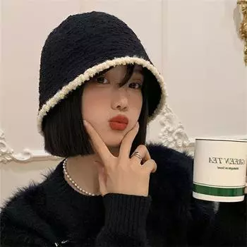 Plush knitted hat women s autumn and winter fashion versatile bucket hat sweet contrasting edge casual basin hat M56-58cm чёрный