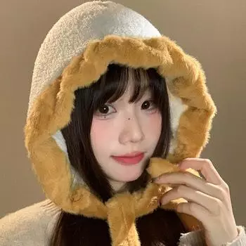 Plush lace-up headgear women s autumn and winter simple color matching big head circumference warm ear protection Lei Feng hat shows small face M56-58cm белый