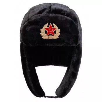 Plush Lei Feng Hat Five Pointed Star National Emblem Decoration Bomber Hats Outdoor Warm Pilot Cap Winter Caps чёрный