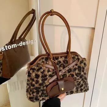 Плюшевая сумка с леопардовым принтом, женская вместительная ретро-сумка на плечо/подмышку, сумка-тоут для поездок на работу коричневый