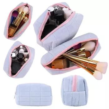 Plush Makeup Bag Cosmetic Holder Bag Large Capacity with Pen Bag Soft Cosmetic Bag Aesthetic Zip Closure Outdoor Travel Bag синий