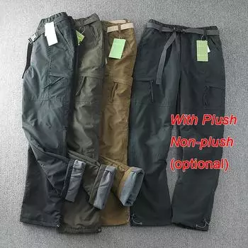 Plush & Non-plush(Optional) Waterproof Warm Fleece Cargo Pants Men Winter Outdoor Plus Velvet Multi-pockets Loose Straight Casual Overall Trousers XXXL