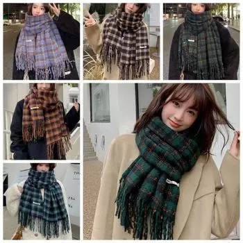 Plush Plaid Wool Scarf Tassel Cape Wraps Simple Long Shawl Autumn