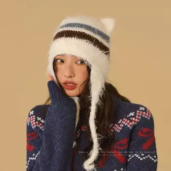 Plush retro ear hat women s autumn and winter cute warm wool hat color matching knitted ear protection Lei Feng hat Elastic (54-62cm) белый